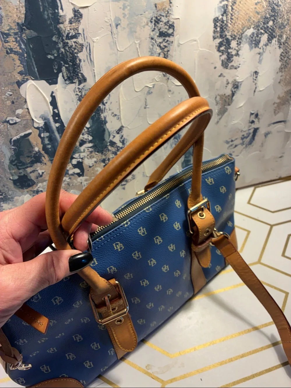 EUC Vintage Dooney and Bourke Blue Monogram Satchel with Tan Trim